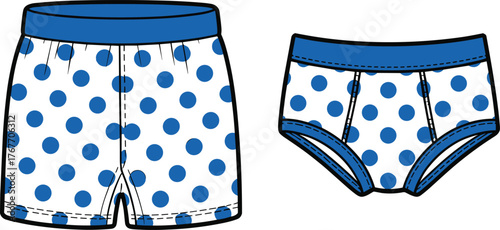 Children’s underwear fashion flat, blue polka dot boxer briefs and briefs with contrast trim, front view garment construction sketch illustrationChildren’s underwear fashion flat, blue polka dot boxer