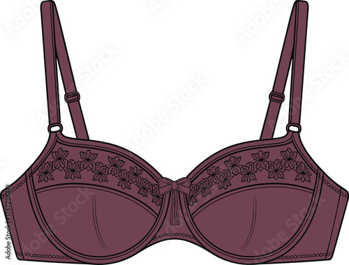 Bra lingerie illustration, detailed fashion garment vector, underwire bra with floral embroidery, adjustable straps, bow detail, intimate apparel design drawingBra lingerie illustration, detailed fash