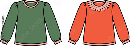 Colorful long sleeve fashion tops, puffed sleeves, scalloped collar, kids clothing, trendy girls wear, cute garment design, vector illustration, isolated