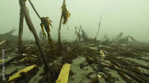 Kelp seaweed and marine detritus washed ashore in a foggy landscape