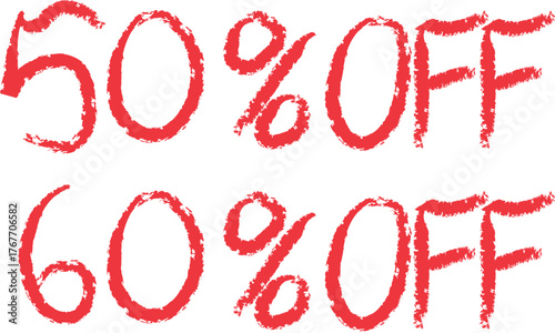 Two handwritten red chalk signs showing fifty percent off and sixty percent off sale promotions.