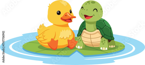 Duckling turtle cartoon illustration pond water lilypad friendship happy animal