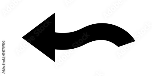Black curved arrow pointing left with a wavy shaft on a white background