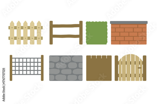 Collection of outdoor boundary elements including wooden fences, stone walls, and garden gates