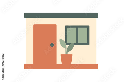 Modern minimalist building entrance with a closed orange door, window, and decorative potted houseplant