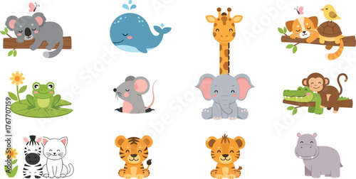Cute animals cartoon animals koala whale giraffe dog turtle frog mouse elephant