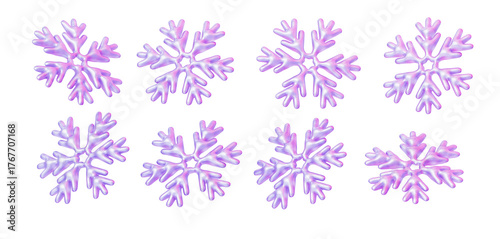 3D holographic crystal snowflake set in different angles glossy iridescent ice crystals winter collection with soft purple and pink light. 3D render illustration