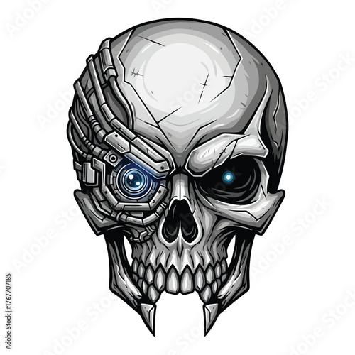 A futuristic cyborg skull stares intensely, blending human anatomy with advanced technology, a symbol of transhumanism, isolated on white background