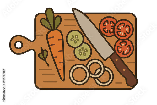 Fresh vegetables and chef knife on a wooden cutting board ready for meal preparation