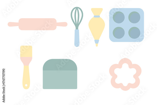 Essential kitchen utensils and equipment for pastry making and home baking in flat design