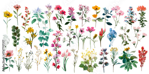 Collection of delicate vintage botanical illustrations of diverse wildflowers and plants