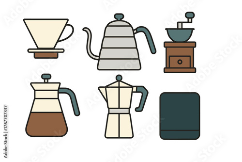Set of essential coffee preparation tools and equipment including kettle, grinder, and Moka pot
