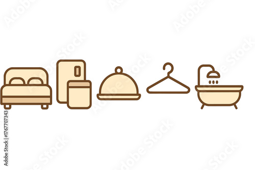 Minimalist line icons for hospitality and travel services including bedroom, luggage, food, and bathroom amenities
