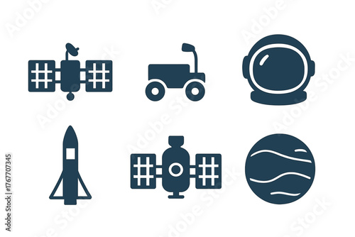 Space exploration and astronomy symbols featuring satellites, rocket, rover, and helmet