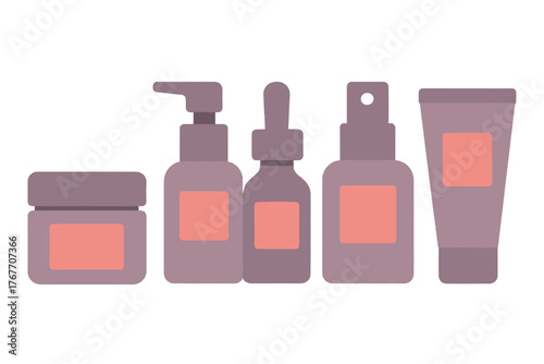 A set of five blank cosmetic containers, including bottles, a jar, and a tube, used for beauty and skincare products mockup template