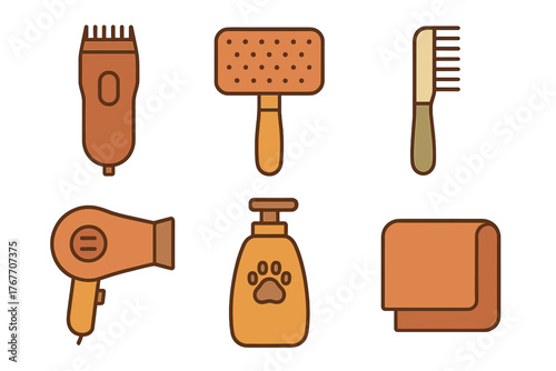 Set of professional pet grooming tools including clipper, brush, comb, dryer, and shampoo