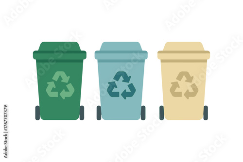 Colorful recycling bins set with wheels and lids for waste sorting and environmental conservation