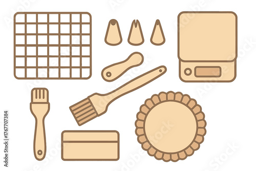 Professional pastry and baking tools set including scale cooling rack and piping nozzles