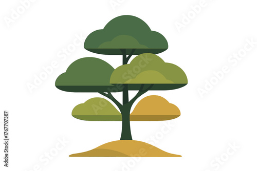 Abstract stylized tree with layered green canopy and dark trunk on a small earthen mound