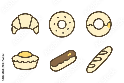 Collection of sweet and savory bakery product icons including croissant, donut, eclair, and baguette