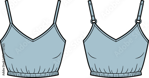 Black and white fashion sketch of cropped camisole top, fixed and adjustable straps, V-neckline, elastic hem, garment construction, vector template