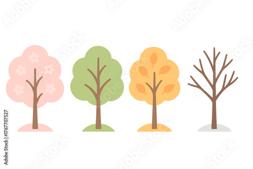 Simple icons illustrating the four seasons and the life cycle of a deciduous tree