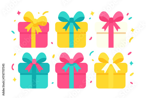 Six colorful gift boxes wrapped with bright ribbons and bows for celebration