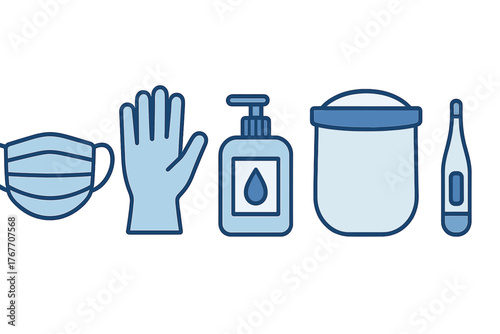 Essential personal protective equipment and hygiene items set including mask, glove, sanitizer, shield, and thermometer