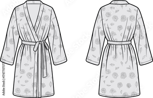 Black and white fashion sketch of floral bathrobe, front and back view, wrap design, shawl collar, belt tie, rose pattern, garment construction, vector template