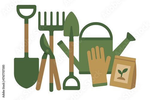 Collection of essential gardening tools and supplies for planting and yard maintenance