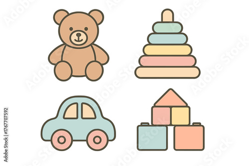 Cute baby toys set with teddy bear stacking rings wooden car and building blocks pastel colors
