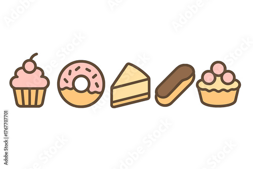 Assortment of sweet bakery desserts including frosted cupcake, glazed donut, cheesecake, and chocolate eclair