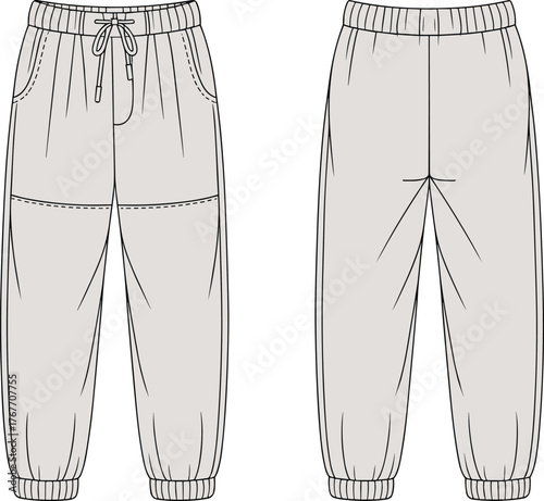 Black and white fashion sketch of jogger pants, front and back view, elastic waistband, drawstring, thigh seam detail, ribbed cuffs, garment construction, vector templateBlack and white fashion sketch