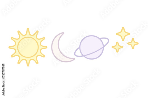 Cute cosmic elements featuring the sun, crescent moon, ringed planet, and bright stars in a soft color palette