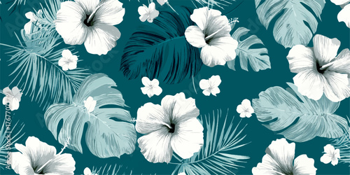 Tropical floral pattern with white hibiscus flowers and monstera leaves on teal background