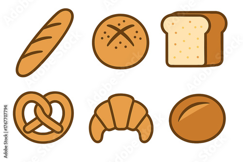 Collection of simple bakery items including baguette, croissant, pretzel, and various bread rolls