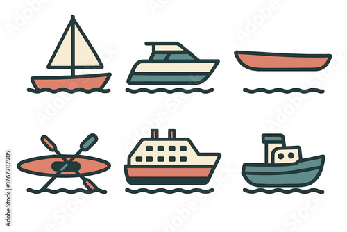 Six different water transport vessels: sailboat, yacht, kayak, and cruise ship floating on waves