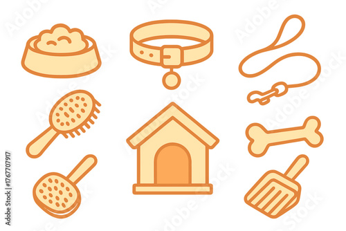 Set of essential pet care accessories including collar leash food bowl brush and dog house icons