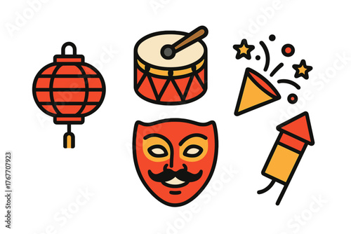 Colorful set of celebration symbols including festive mask, drum, lantern, and fireworks rocket