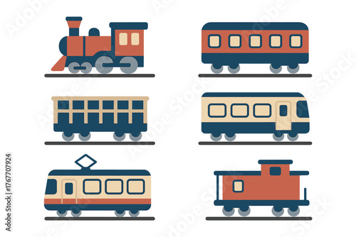 Stylized set of classic railway transport icons featuring locomotive, passenger cars, tram, and caboose