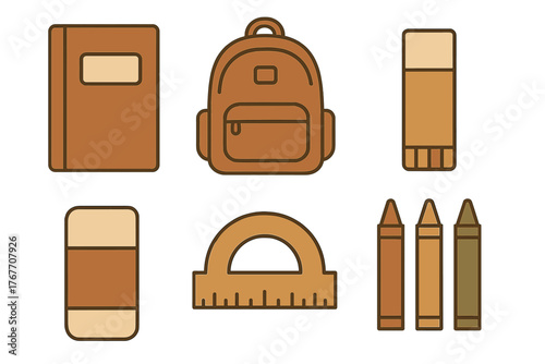Essential school supplies set including backpack notebook protractor and crayons in earthy colors