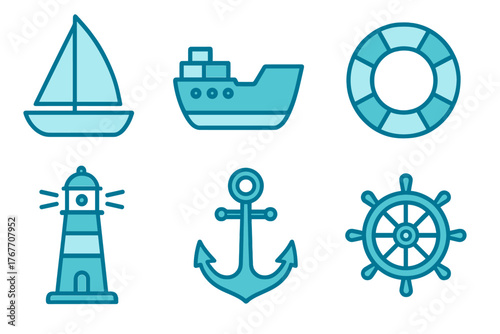 Six blue nautical icons: sailboat, cruise ship, life preserver, lighthouse, anchor, and helm
