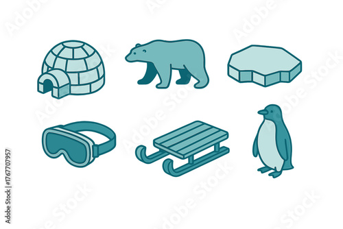 Isometric winter and polar elements featuring igloo, polar bear, penguin, sled, goggles, and ice floe