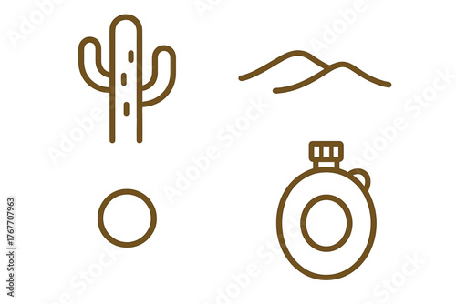 Desert survival and outdoor adventure elements including cactus, hills, and canteen