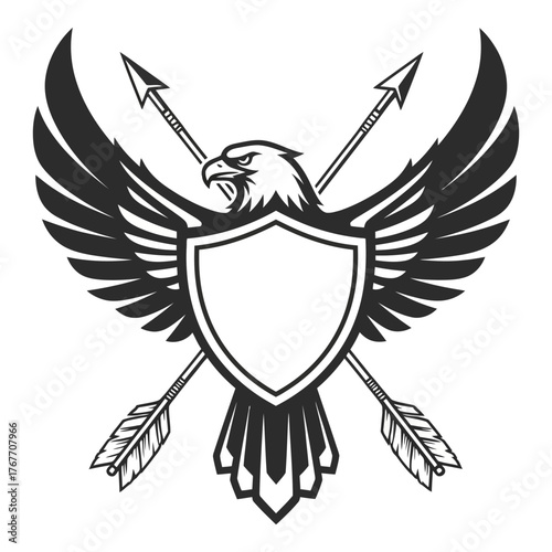 Illustration of an eagle with spread wings holding a shield and crossed arrows, isolated on white background perfect for logos or graphic elements
