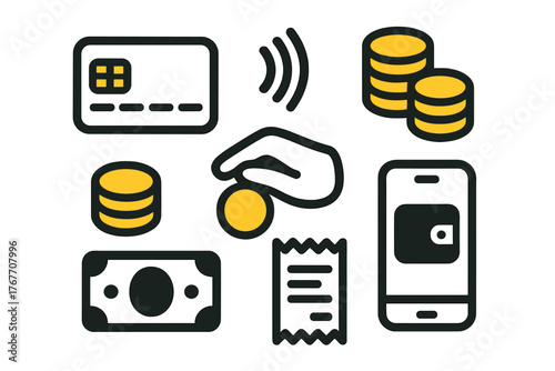 Financial and payment icons set featuring credit card, cash, coins, receipt, and mobile wallet