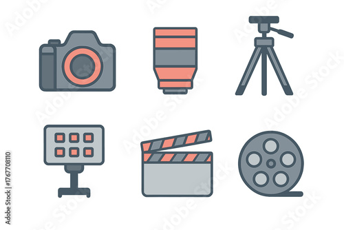 Essential photography and filmmaking equipment including camera lens tripod light panel and clapperboard