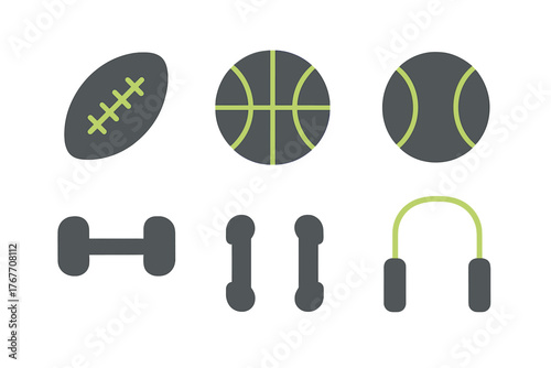 Collection of sports and fitness gear including balls, dumbbells, and a skipping rope