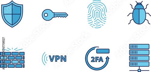 A collection of modern security icons representing protection, privacy, and digital safety, including shield, key, fingerprint, bug, firewall, VPN, 2FA, and server.