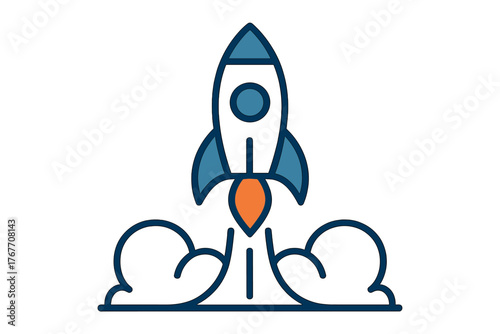 Stylized rocket ship ascending rapidly into the sky, leaving behind orange flames and white smoke clouds